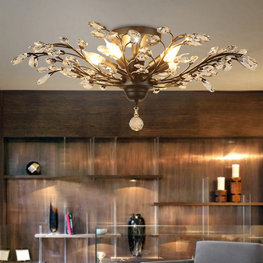 European Branch Iron & Crystal Flush Light