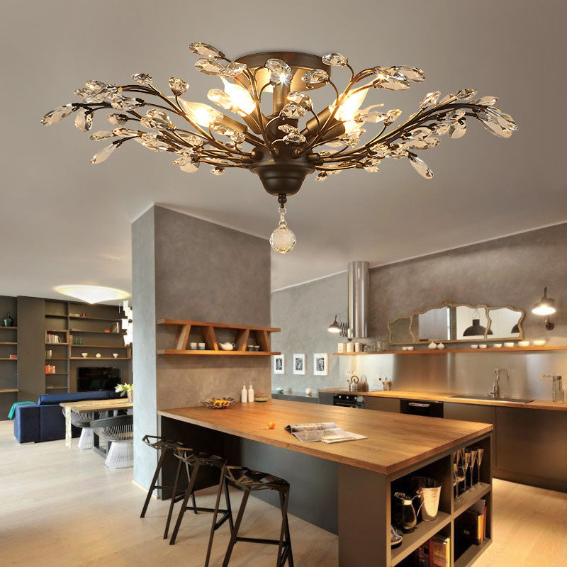 European Branch Iron & Crystal Flush Light