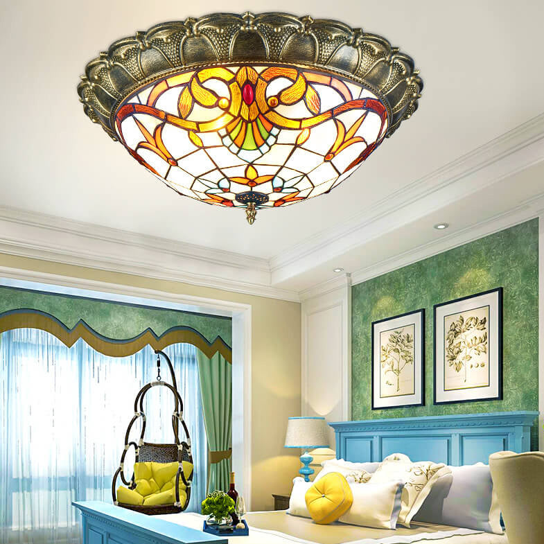 Vintage Tiffany Stained Glass Flush Mount