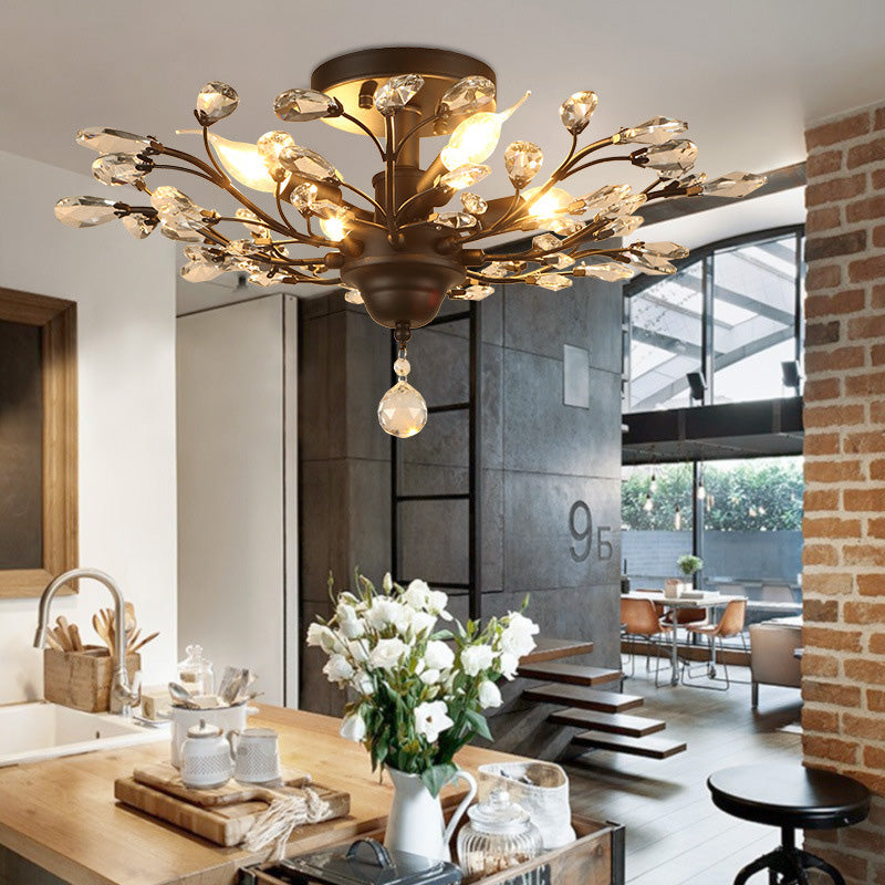 European Branch Iron & Crystal Flush Light
