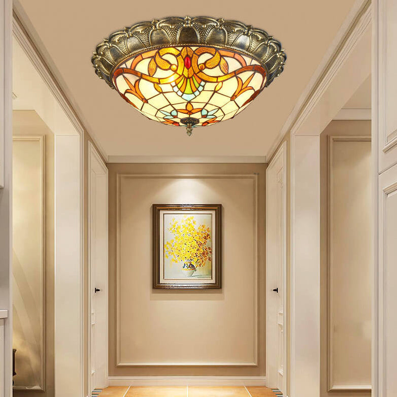 Vintage Tiffany Stained Glass Flush Mount