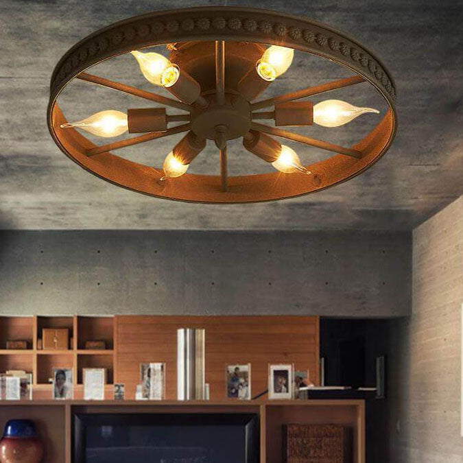 Wrought Iron Wheel 6-Light Flush Mount