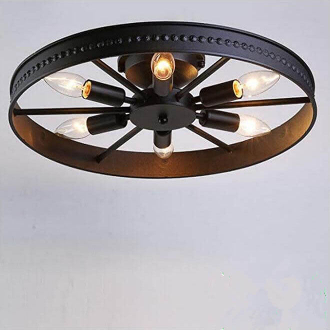 Wrought Iron Wheel 6-Light Flush Mount