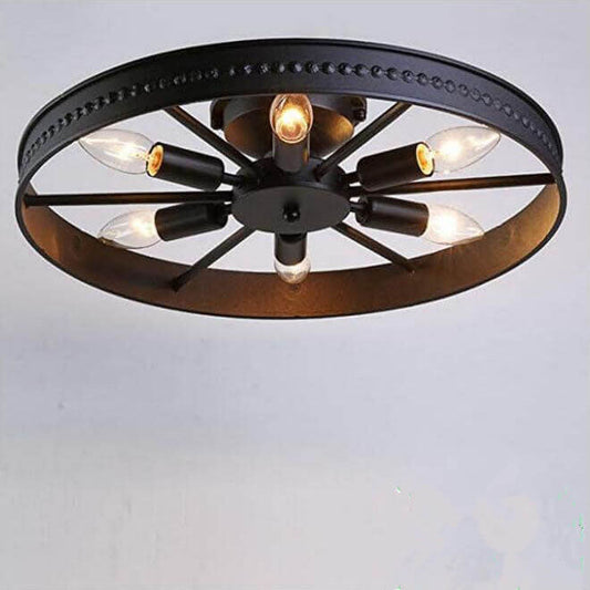Wrought Iron Wheel 6-Light Flush Mount