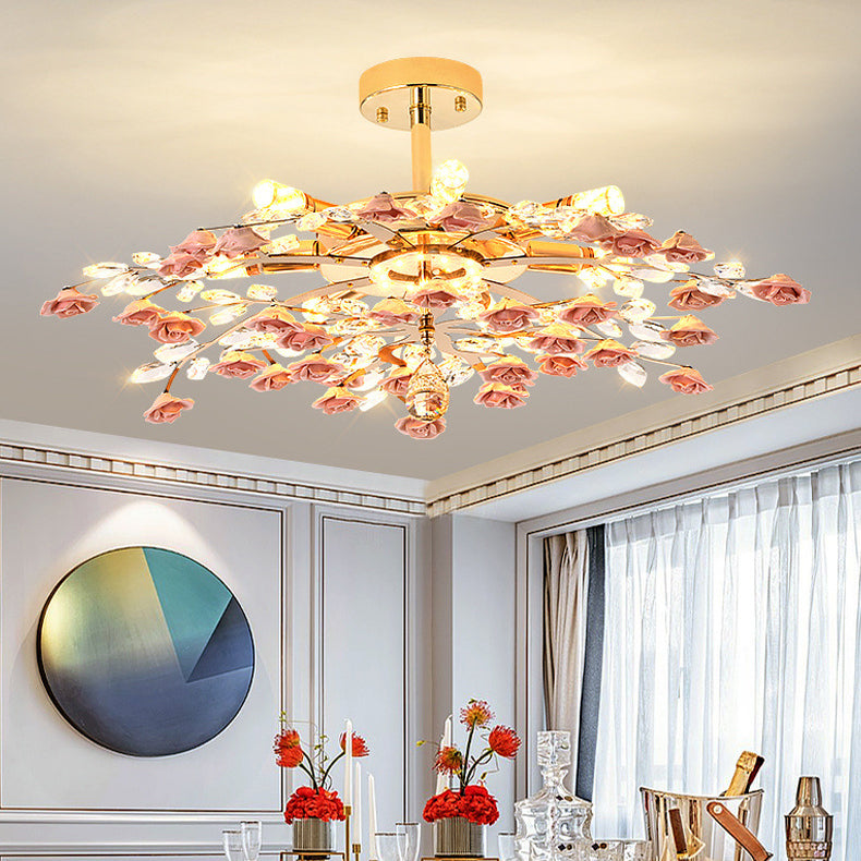 French Ceramic Rose Semi-Flush Light