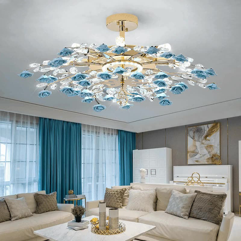 French Ceramic Rose Semi-Flush Light