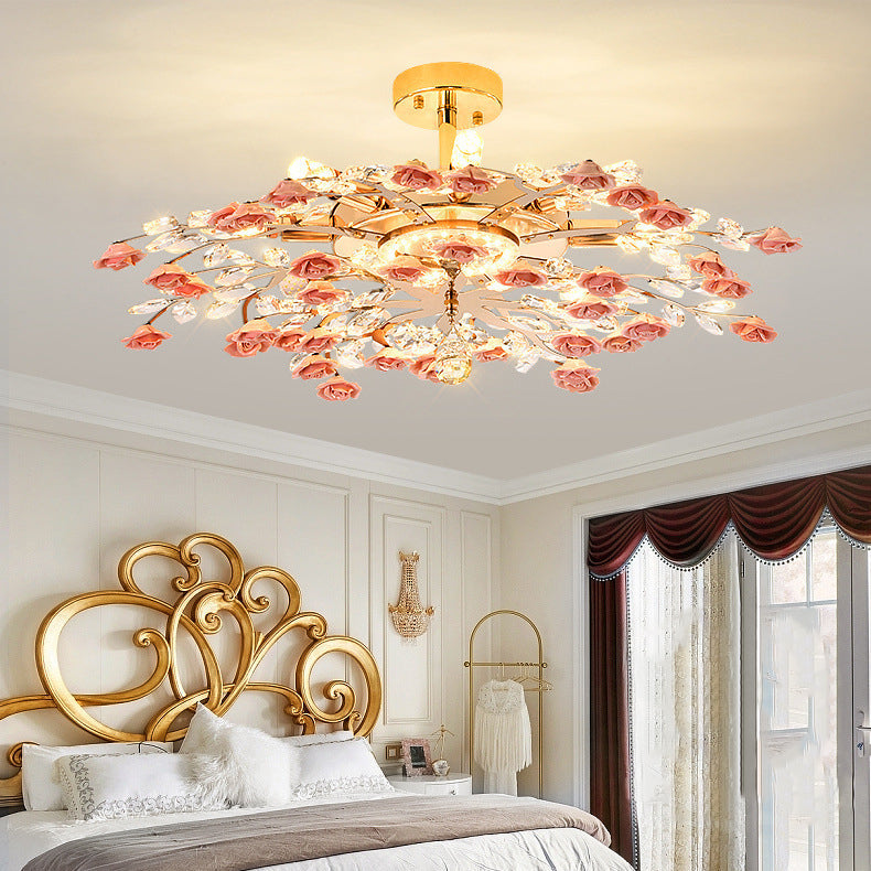 French Ceramic Rose Semi-Flush Light