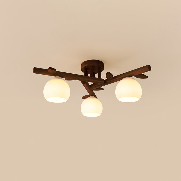 Japanese Dome Oak Wood Semi-Flush Light