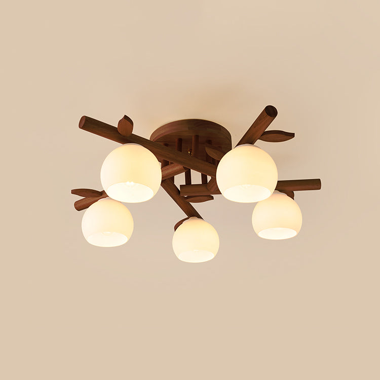 Japanese Dome Oak Wood Semi-Flush Light