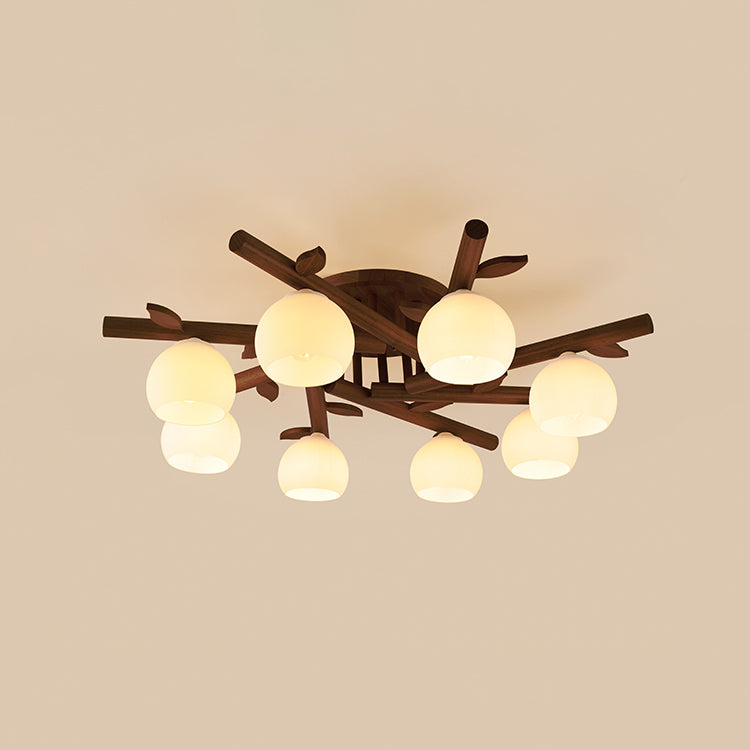 Japanese Dome Oak Wood Semi-Flush Light