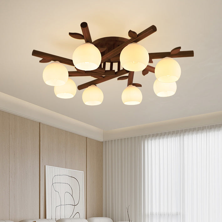 Japanese Dome Oak Wood Semi-Flush Light