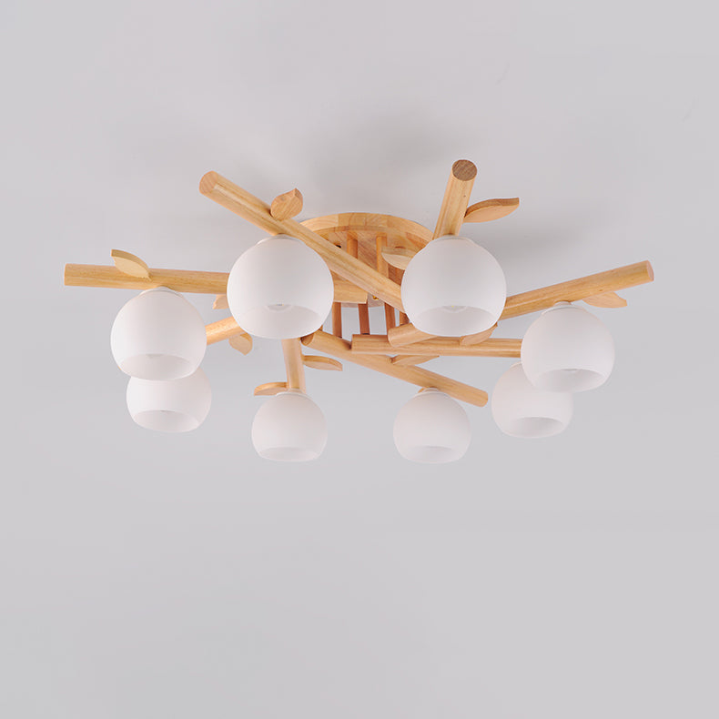 Japanese Dome Oak Wood Semi-Flush Light