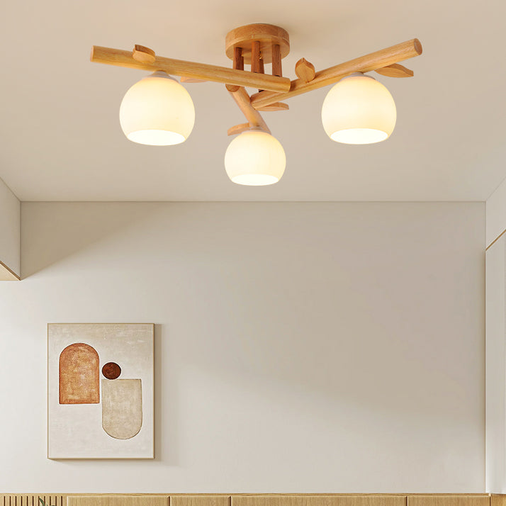 Japanese Dome Oak Wood Semi-Flush Light