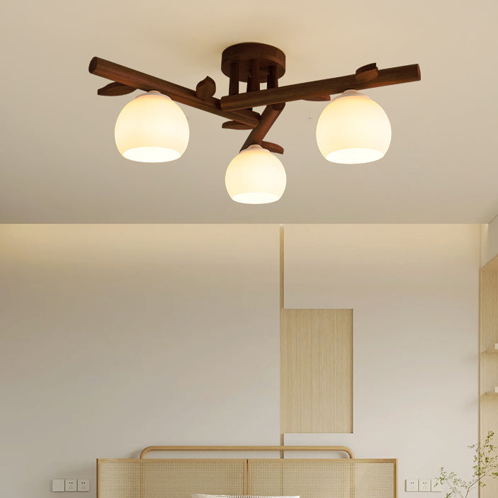 Japanese Dome Oak Wood Semi-Flush Light