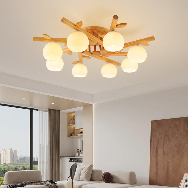 Japanese Dome Oak Wood Semi-Flush Light