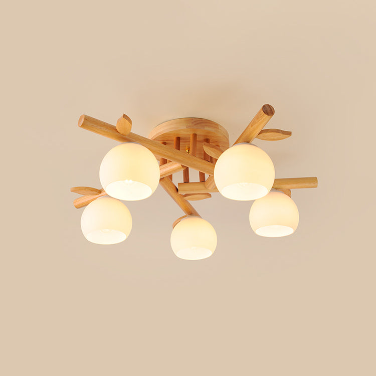 Japanese Dome Oak Wood Semi-Flush Light