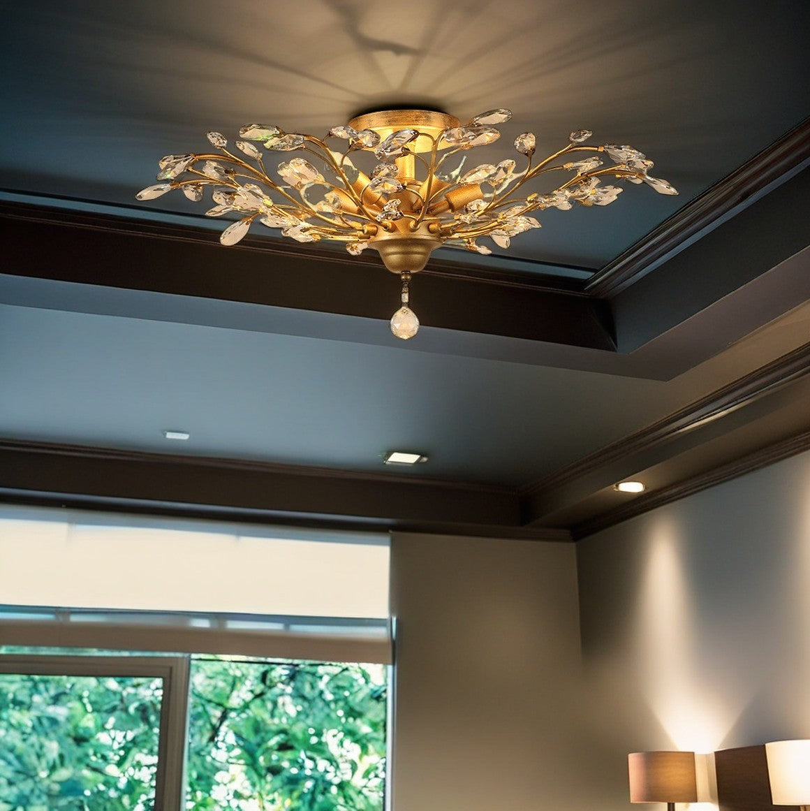 European Branch Iron & Crystal Flush Light