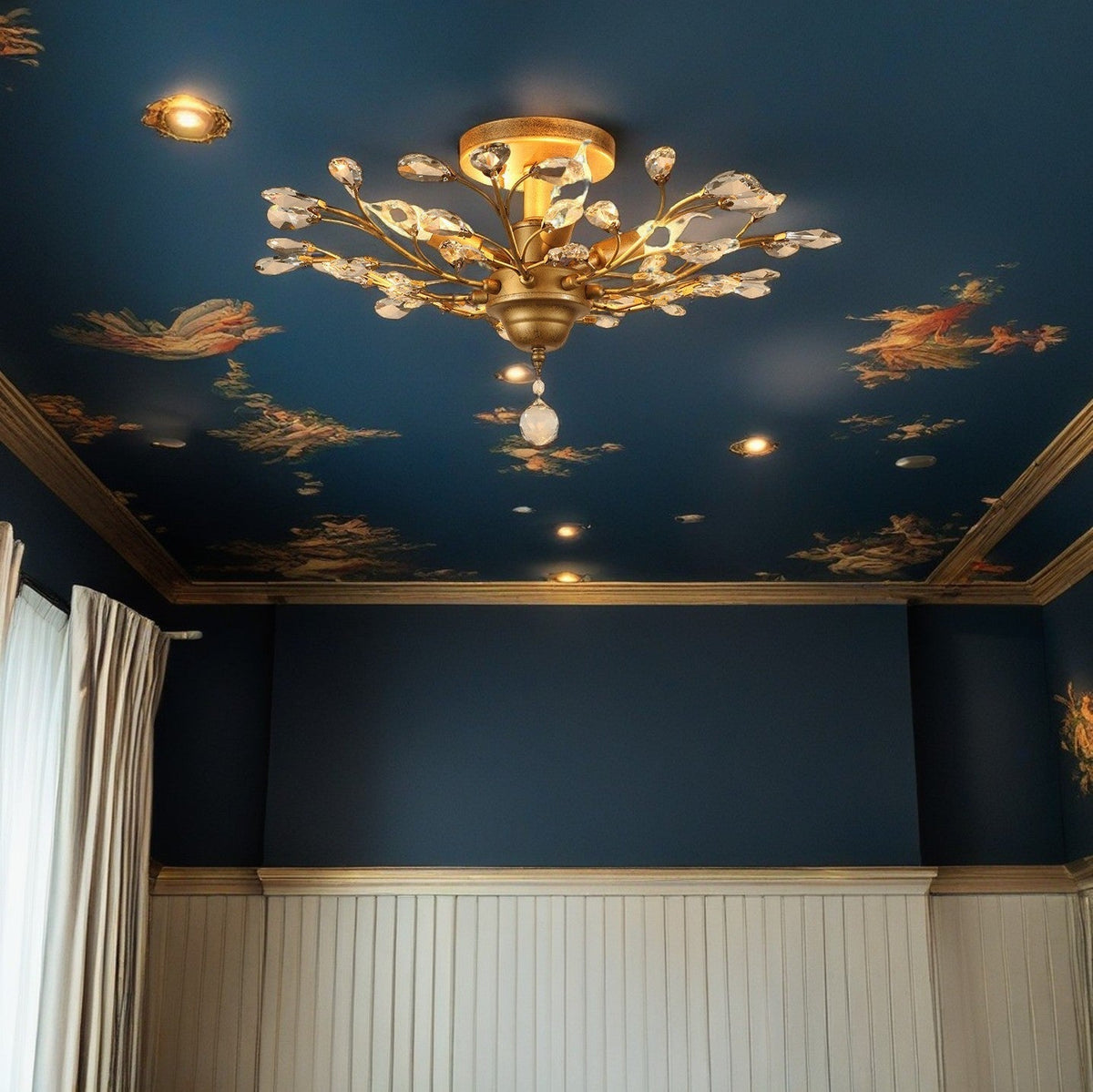 European Branch Iron & Crystal Flush Light