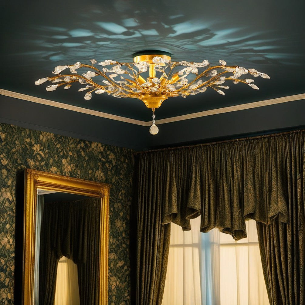 European Branch Iron & Crystal Flush Light