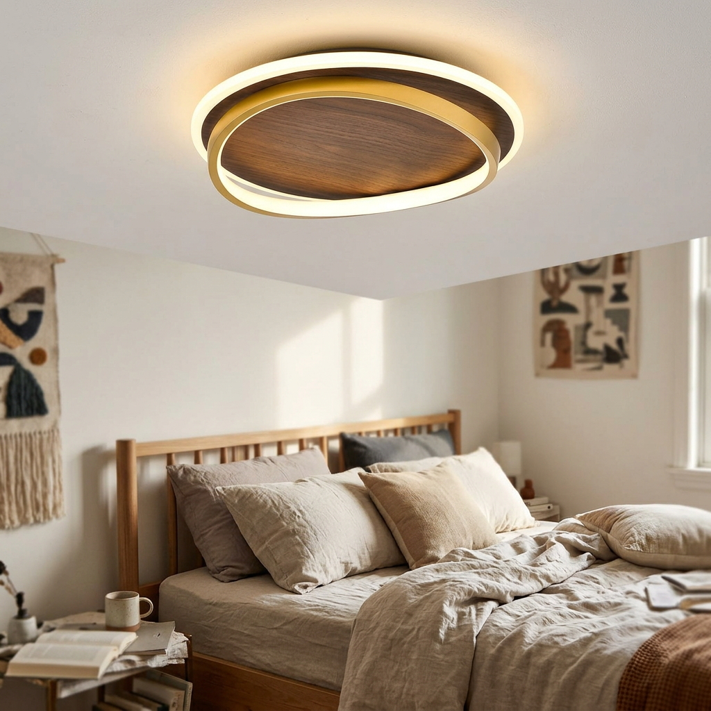 Nordic Minimalist Circular Walnut Grain LED Flush Mount Ceiling Light - lifestyle