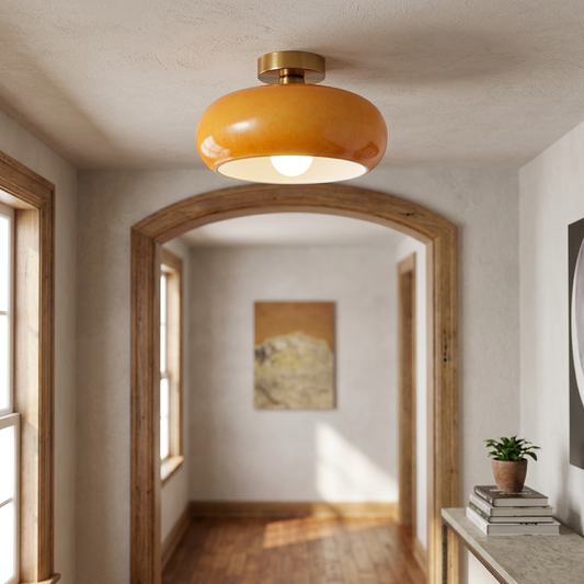 Modern Retro Round Solid Color Glass Electroplated Copper Flush Mount Light - lifestyle