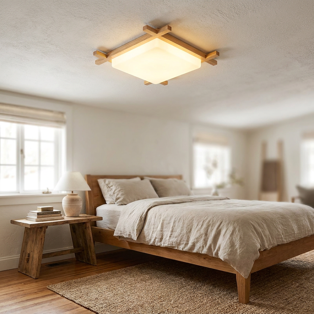 Traditional Japanese Wood Acrylic Square Tatami LED Flush Mount Ceiling Light - lifestyle