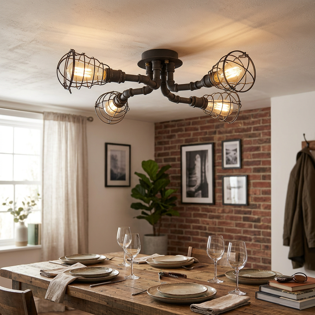 Industrial Vintage Water Pipe Round Iron Flush Mount Ceiling Light - lifestyle