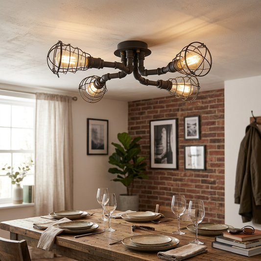 Industrial Vintage Water Pipe Round Iron Flush Mount Ceiling Light - lifestyle