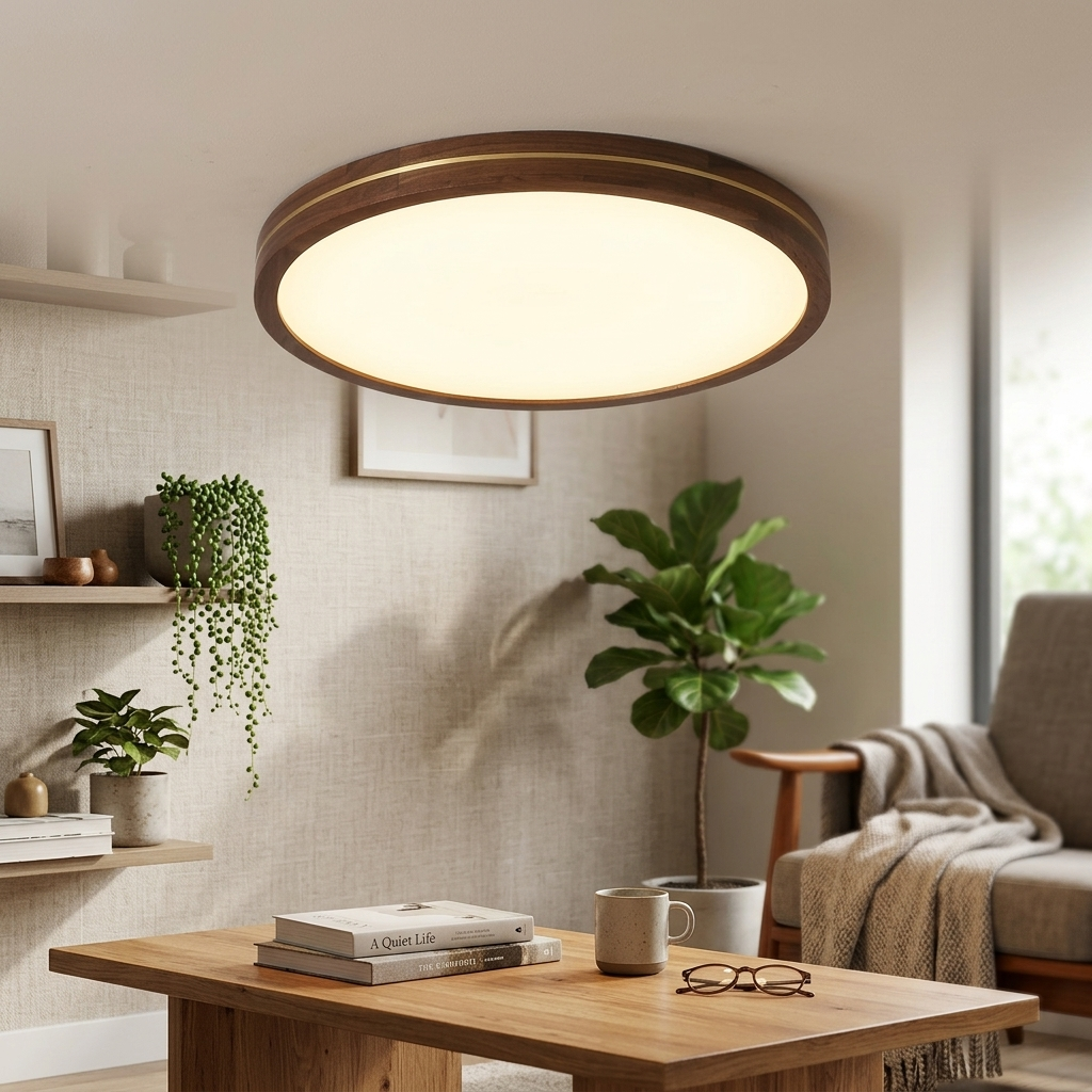 Modern Wooden Slim Walnut Color LED Flush Mount Light - lifestyle