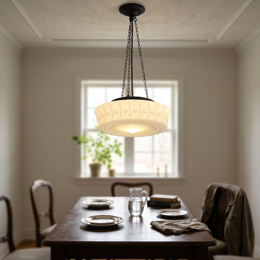 Traditional French Iron Glass Stripes Round Drum LED Semi-Flush Mount Ceiling Light - lifestyle