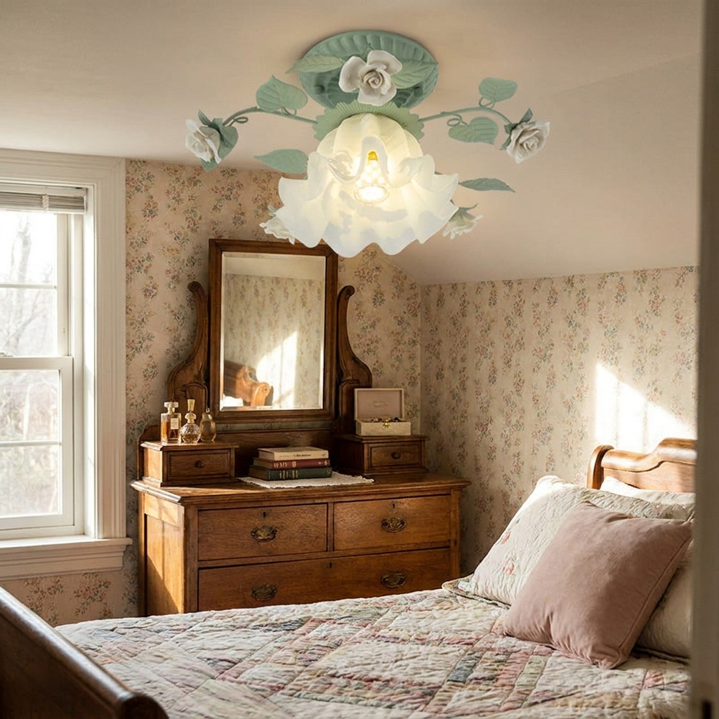 Traditional French Bellflower Leaf Iron Ceramic Glass Shade Semi-Flush Mount Ceiling Light - lifestyle