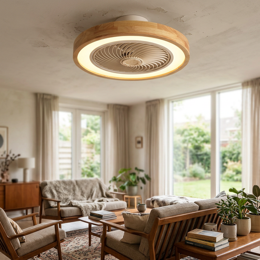Modern Minimalist Wood Geometric LED Semi-Flush Mount Ceiling Fan Light - lifestyle