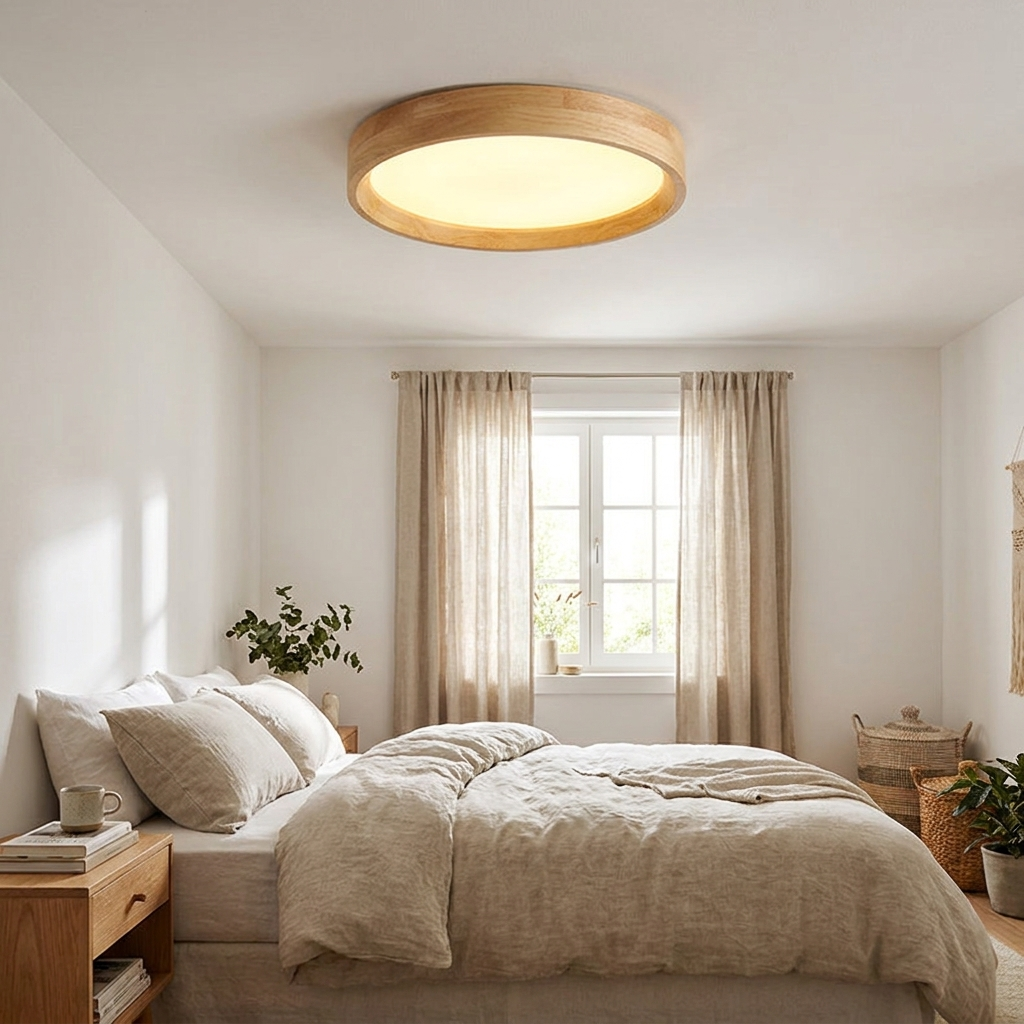 Contemporary Nordic Round Wood Iron Glass LED Flush Mount Ceiling Light - lifestyle