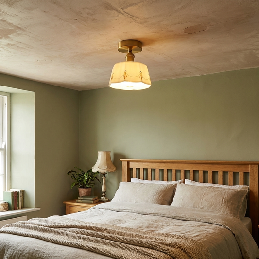 Traditional French Antique Brass Glazed Printed Ceramic Semi-Flush Mount Ceiling Light - lifestyle
