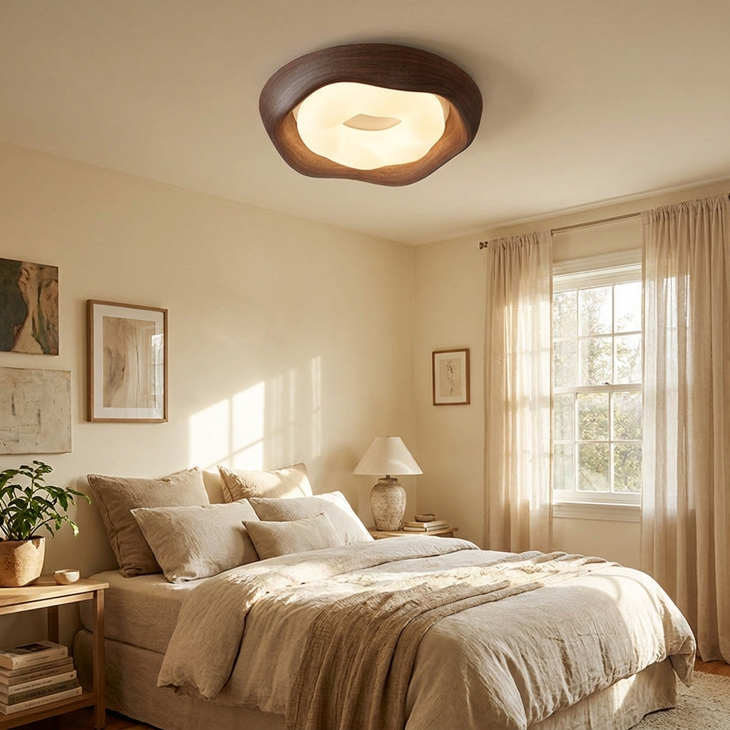 Contemporary Simplicity Curved Iron PE Imitation Wood Grain LED Flush Mount Ceiling Light For Bedroom