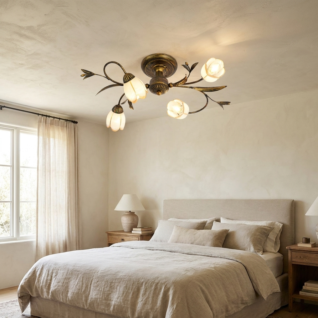 Traditional French Flower Shaped Iron Glass Semi-Flush Mount Ceiling Light
