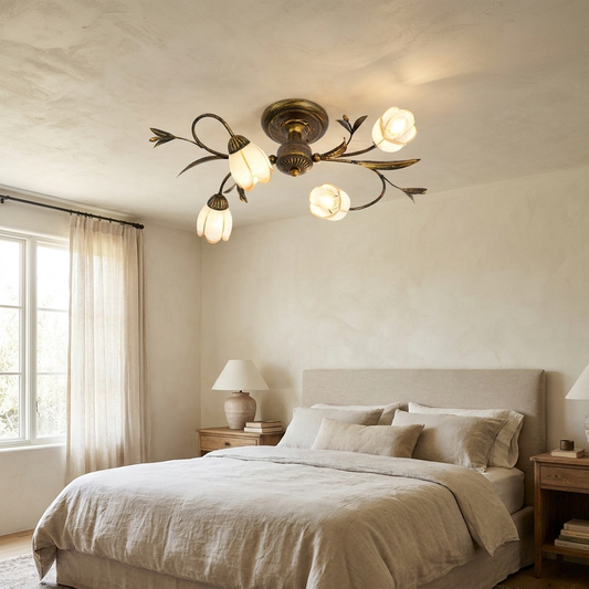 Traditional French Flower Shaped Iron Glass Semi-Flush Mount Ceiling Light