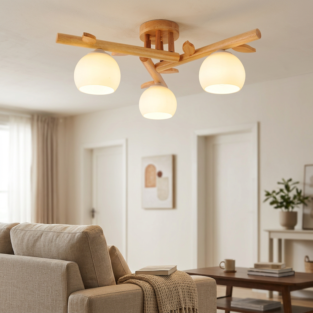 Traditional Japanese Dome Iron Oak Wood Semi-Flush Mount Ceiling Light