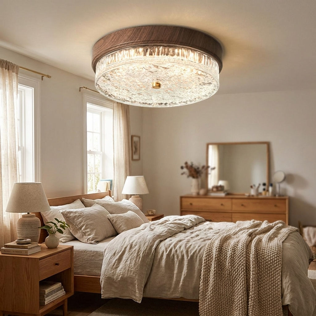Contemporary Nordic Round Wood Grain Water Ripple Iron Glass LED Flush Mount Ceiling Light
