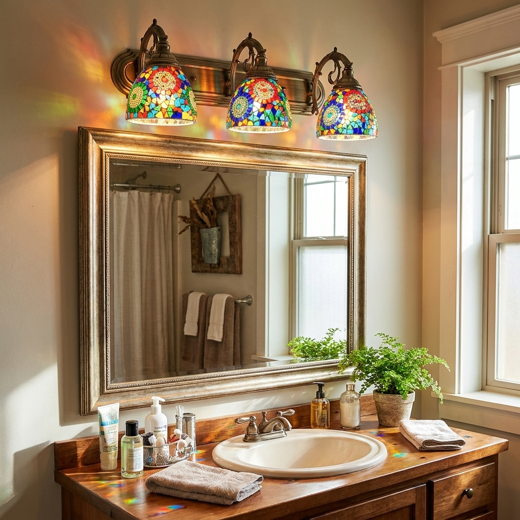Tiffany Mediterranean Horn Stained Glass 3-Light Bathroom Vanity Mirror Front Wall Sconce Lamp