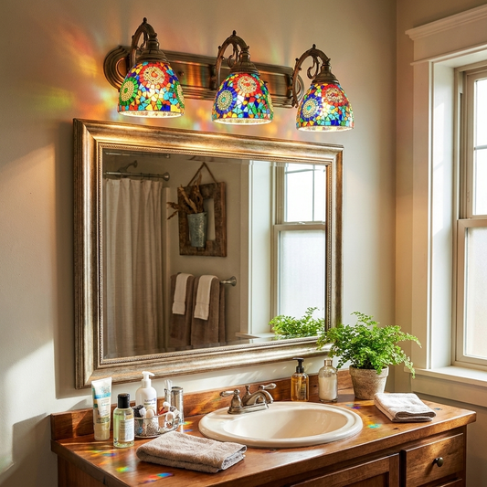 Tiffany Mediterranean Horn Stained Glass 3-Light Bathroom Vanity Mirror Front Wall Sconce Lamp