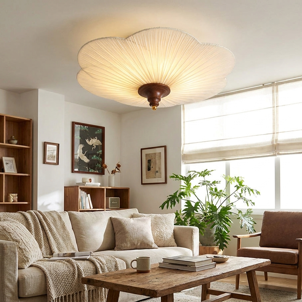 Traditional French Wood Hardware Plum Blossom Fabric Shade Semi-Flush Mount Ceiling Light