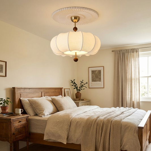 Traditional French Solid Wood Fabric Round Shade Semi-Flush Mount Ceiling Light