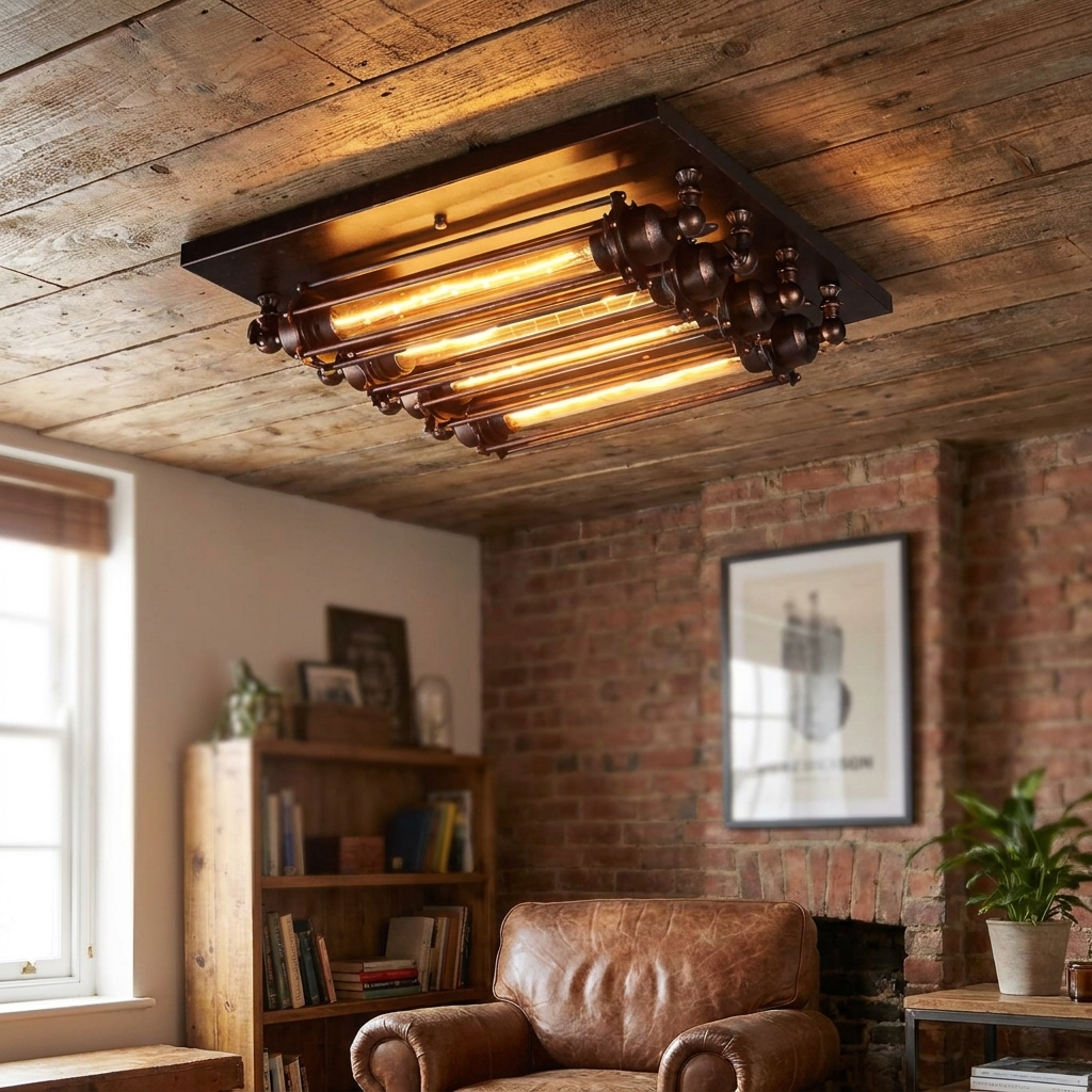 Nostalgic Industrial Iron Glass Strip 4-Light Flush Mount Ceiling Light
