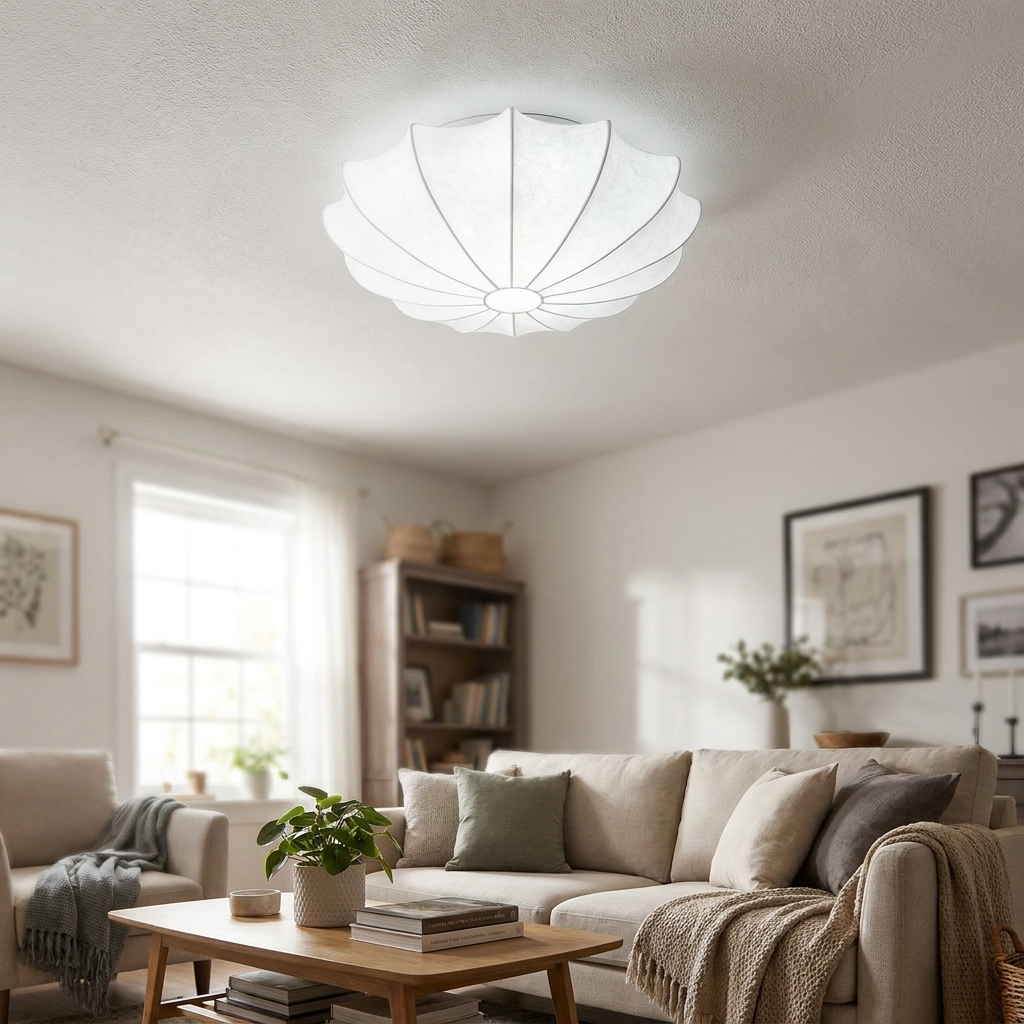 Nordic Minimalist White Beige Round Faux Silk Flush Mount Light