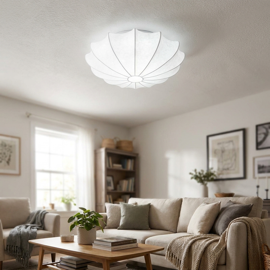 Nordic Minimalist White Beige Round Faux Silk Flush Mount Light