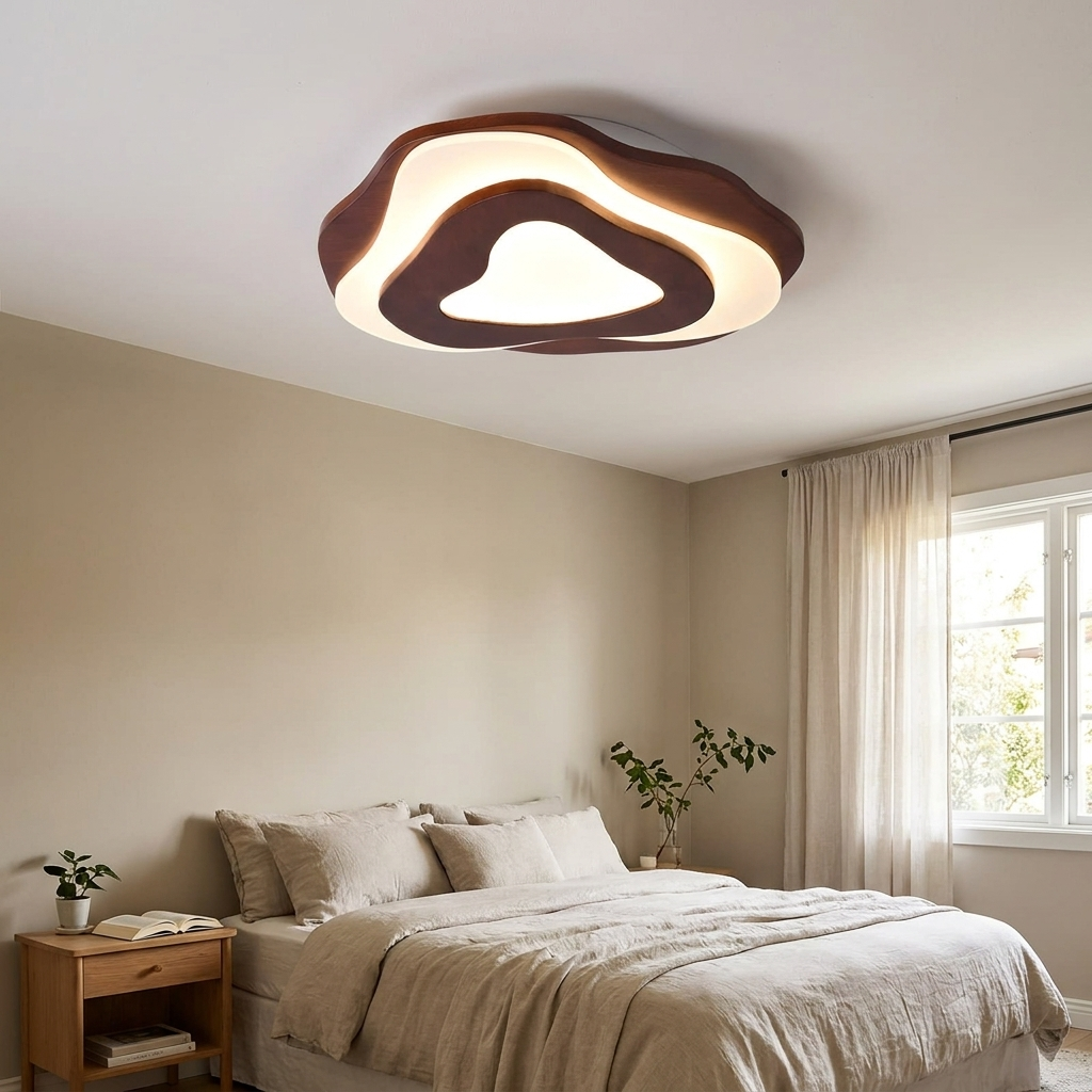 Modern Chinese Solid Wood Textured Round Geometric LED Flush Mount Ceiling Light