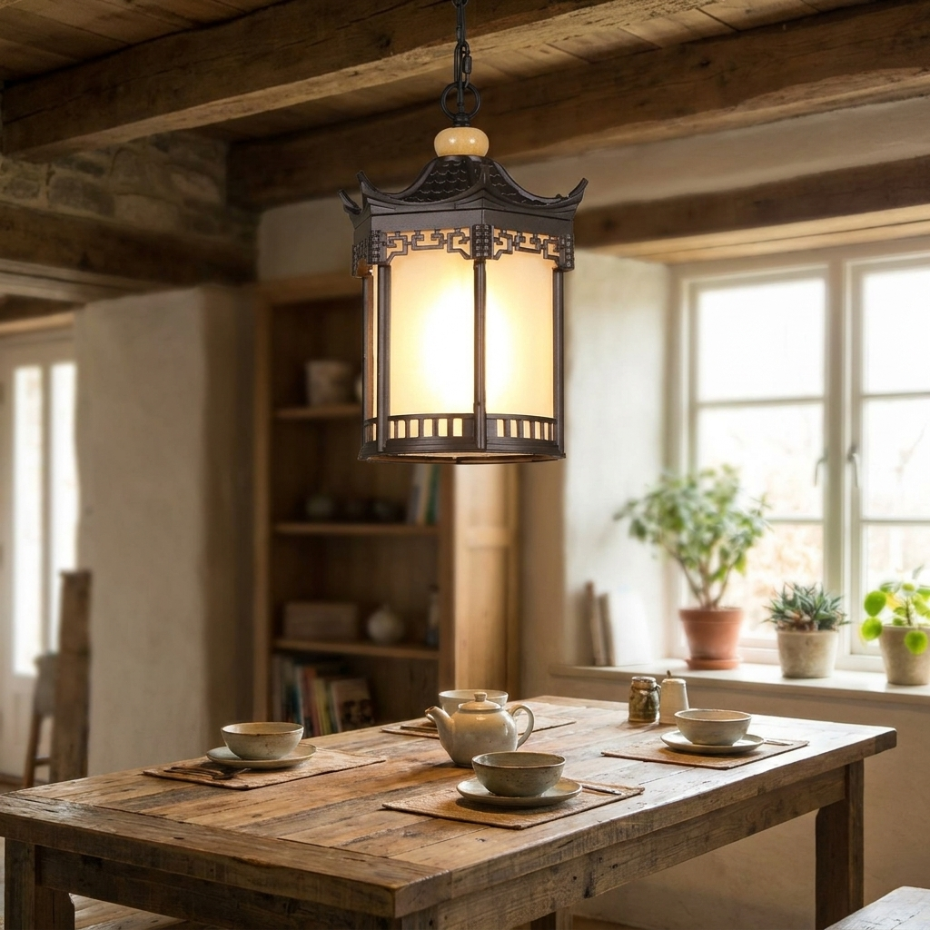 Retro Chinese Outdoor Waterproof Hexagonal Lantern Patio Pendant Light
