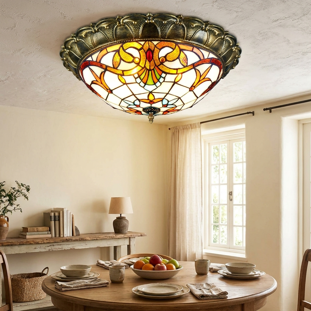 Vintage Stained Glass Tiffany Round LED Flush Mount Light