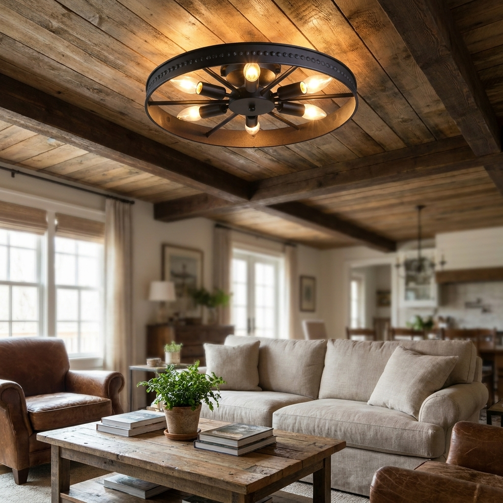 Industrial Wrought Iron Wheel 6-Light Flush Mount Lighting